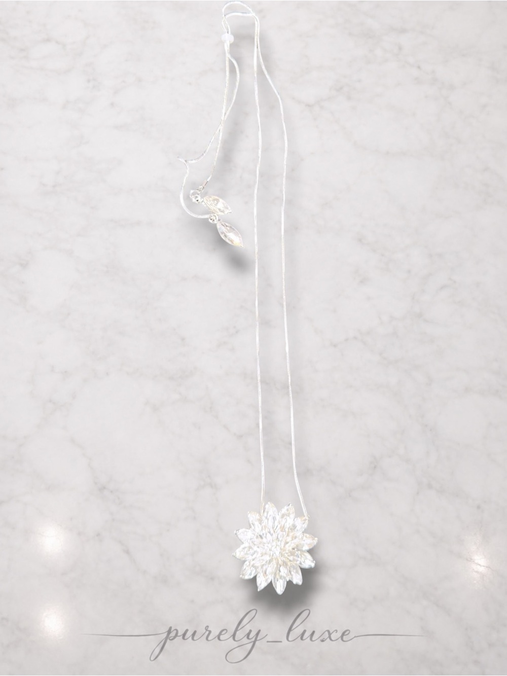 Silver Flower Pendant Necklace - White Crystal